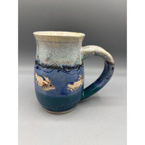 Handmade Artisan Ceramic Coffee Tea Mug Fish Ocean Blue Pottery 12 oz cup